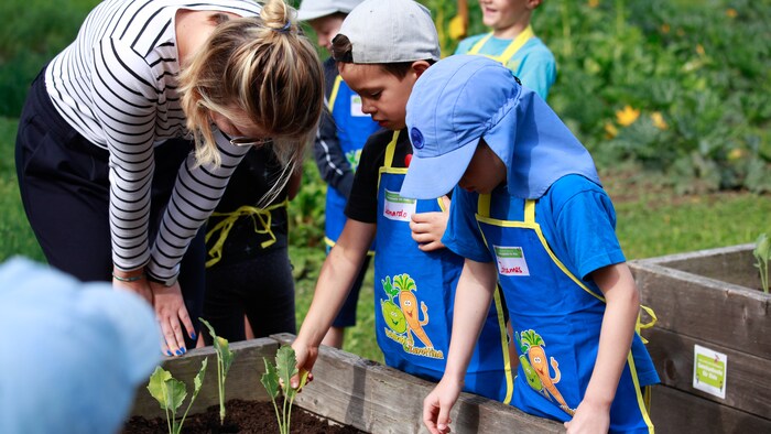 Die Kinder gärtnern am eigenen Hochbeet und erfahren hier, woher Gemüse stammt und wie viel Pflege es benötigt.
