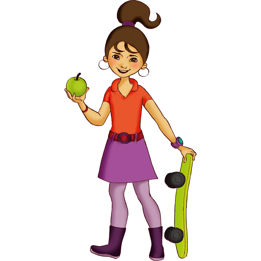 Eine Illustration von einem Mädchen mit einem Apfel in der einen und einem Skateboard in der anderen Hand.