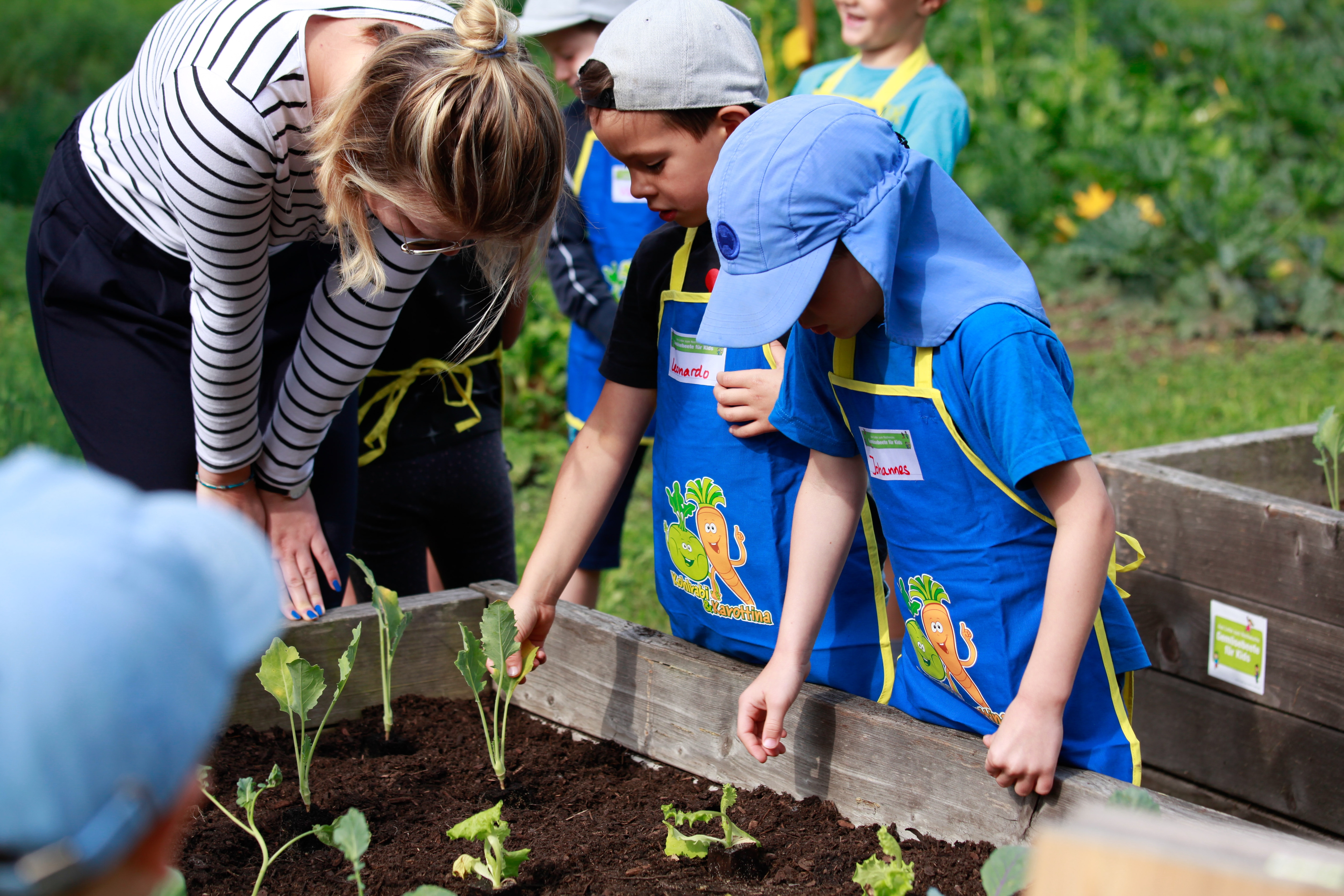 Zwei Kita-Kinder stehen mit einer Kindergärtnerin am Hochbeet bei "Gemüsebeete für Kids" der EDEKA Stiftung.