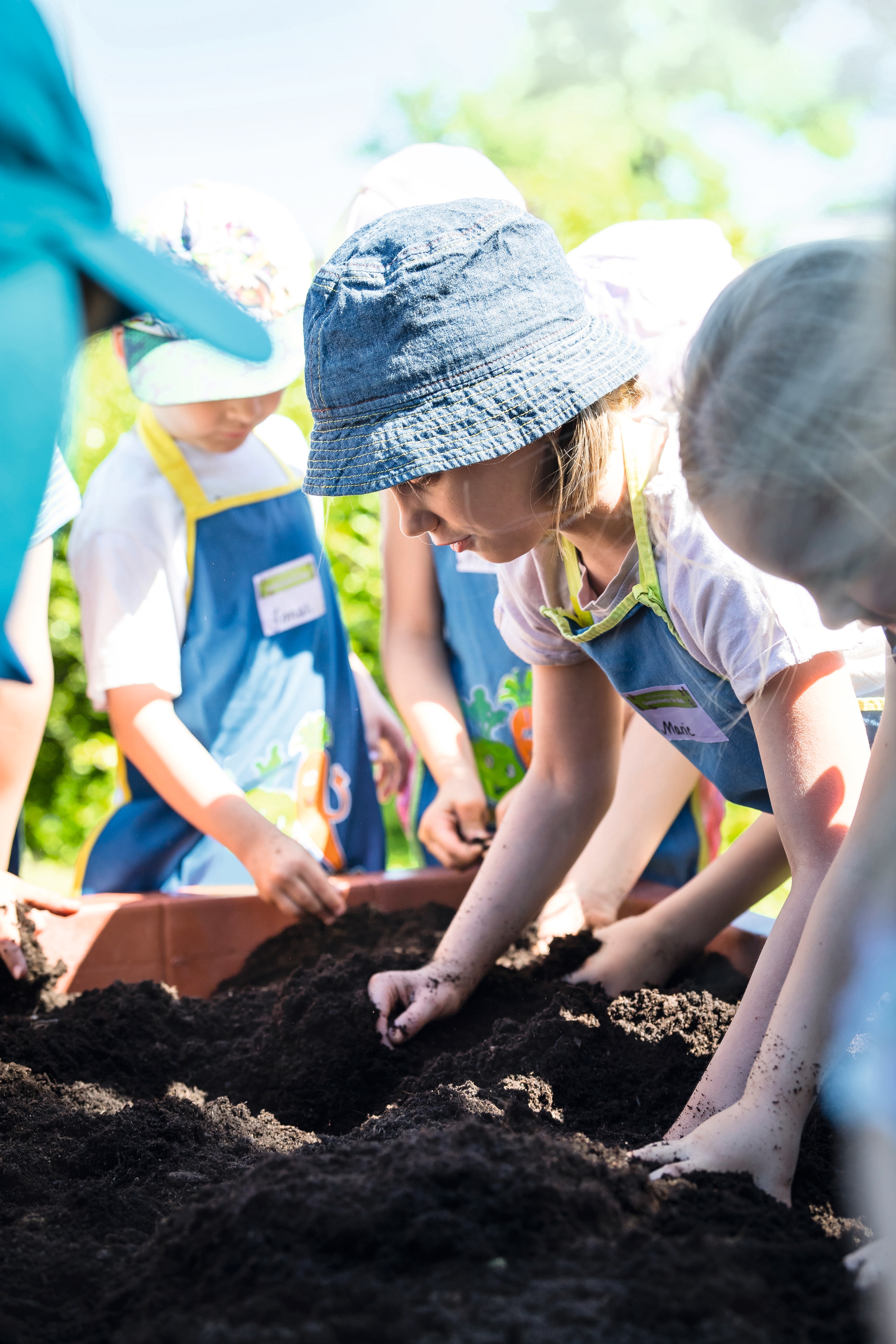 Kita-Kinder graben mit den Händen die Erde in einem Hochbeet um bei "Gemüsebeete für Kids" der EDEKA Stiftung.
