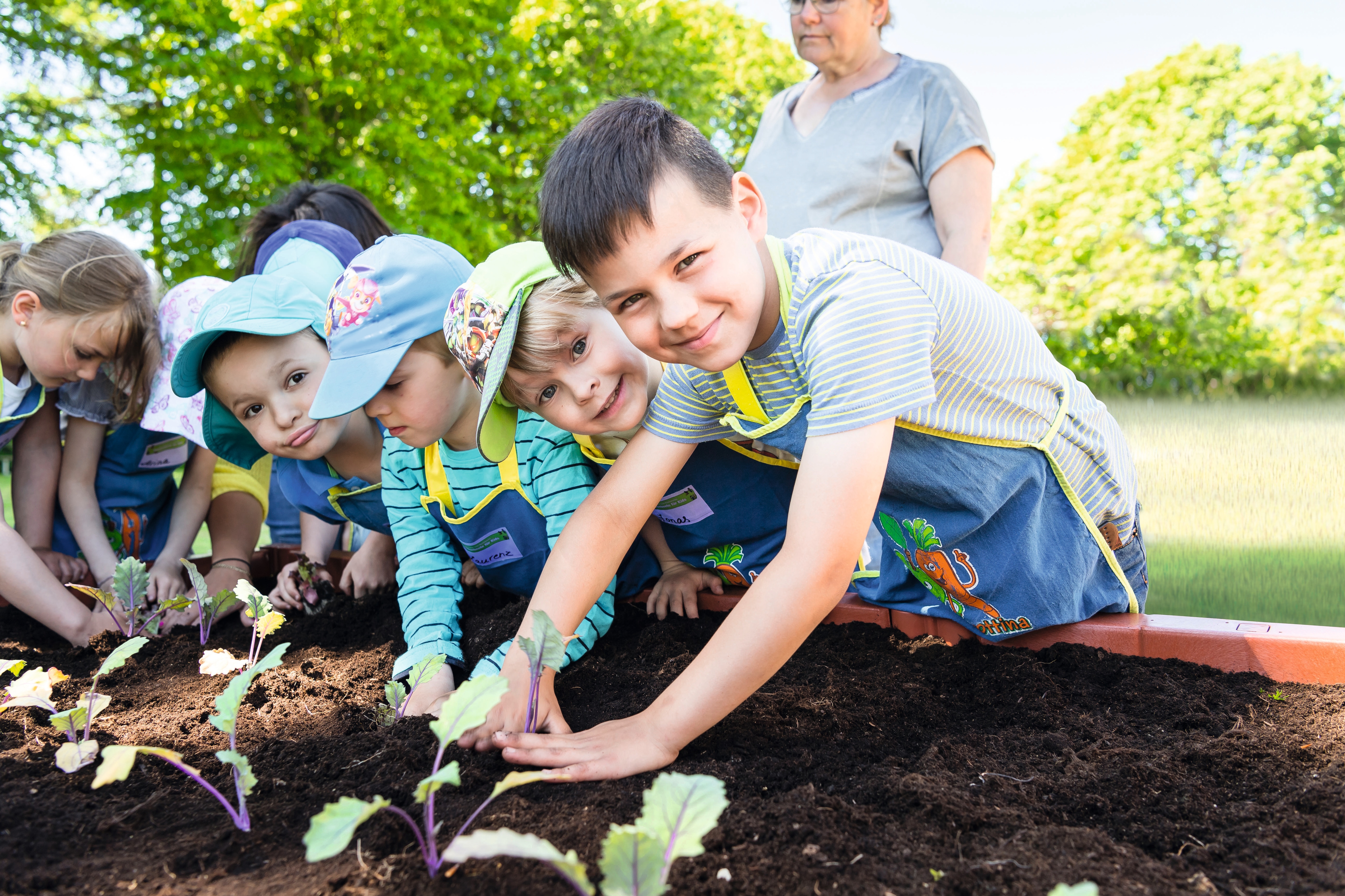 Kita-Kinder stehen um ein Hochbeet herum und pflanzen Setzlinge ein bei "Gemüsebeete für Kids".