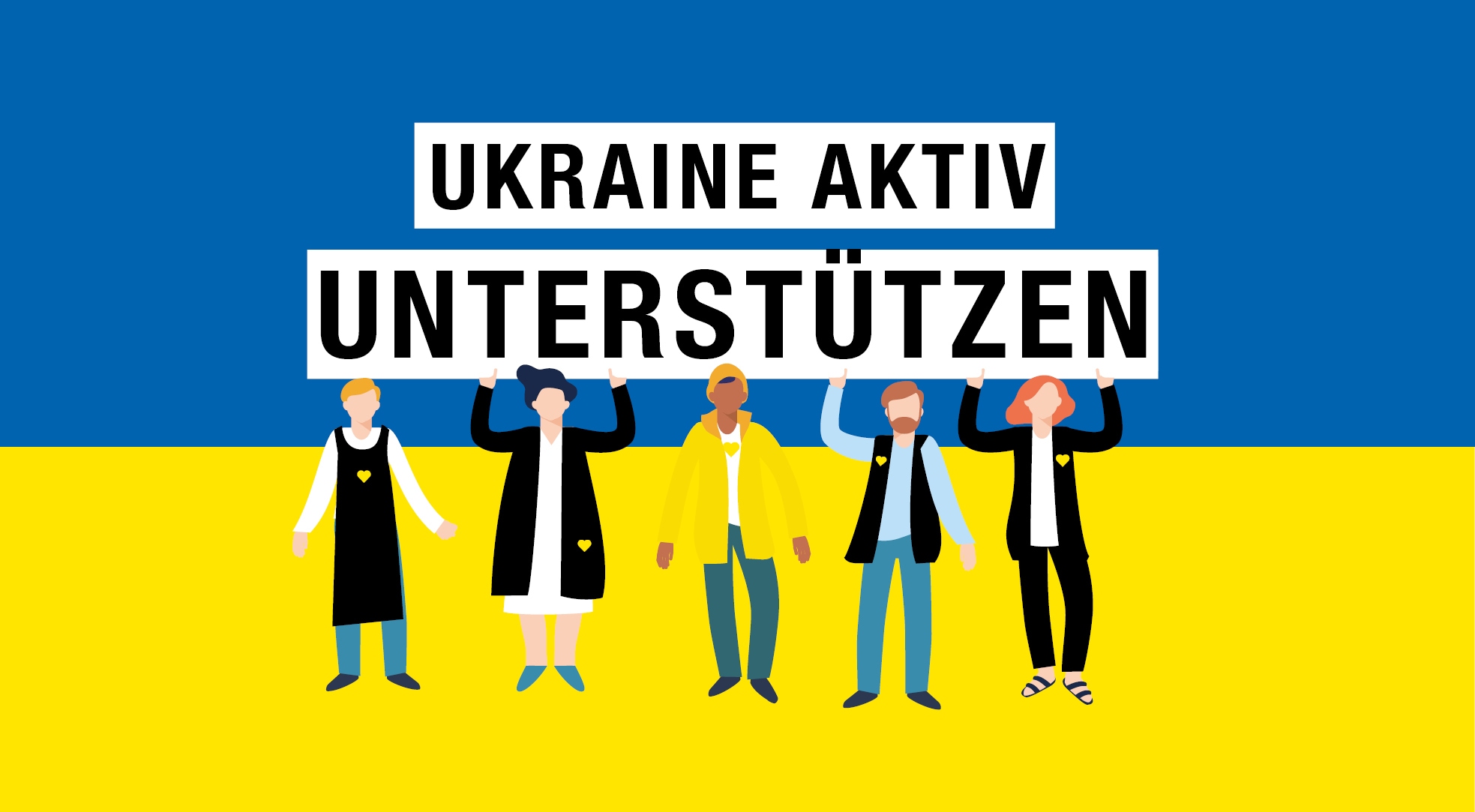 Die Ukrainische Flagge mit der Aussage "Ukraine aktiv unterstützen".